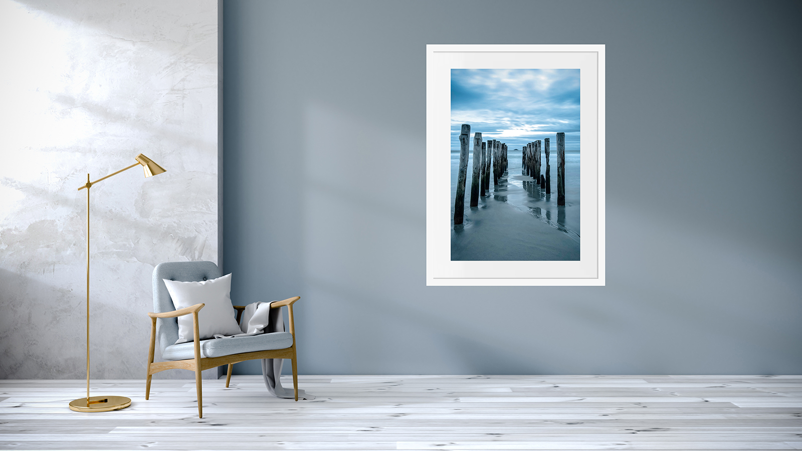 loft  interior of living room, Blue armchairs on white flooring and blue wall  ,3d rendering